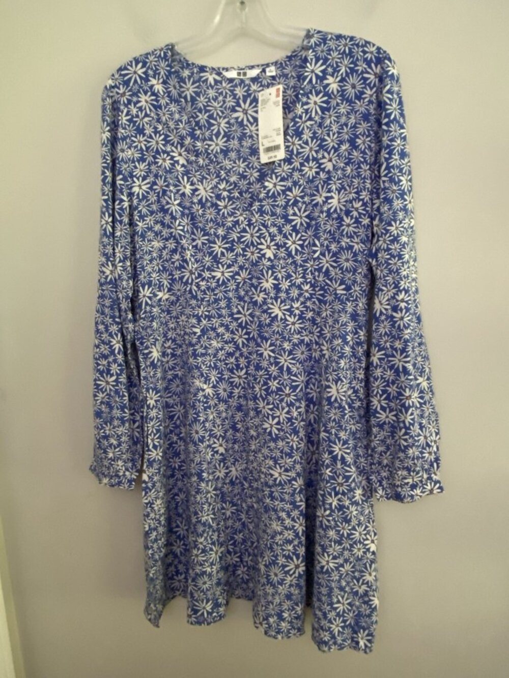 UNIQLO Printed V-Neck Long-Sleeve Mini Dress size L new with tag blue COLOR